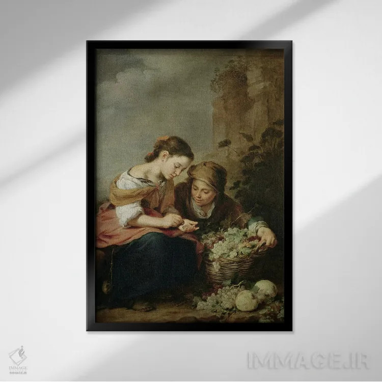 تابلو فروشندهٔ کوچک میوه اثر بارتولومه استبان موریو (نقاش اسپانیایی) - نمای قابدار مشکی