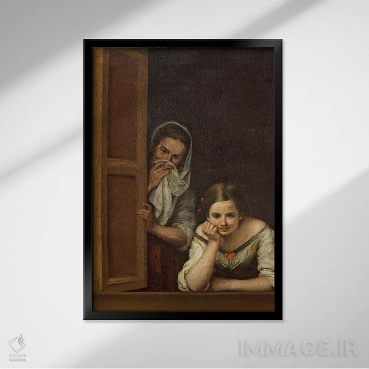 تابلو زنان گالیسیا کنار پنجره (اسپانیا) اثر بارتولومه استبان موریو (نقاش اسپانیایی) - نمای قابدار مشکی