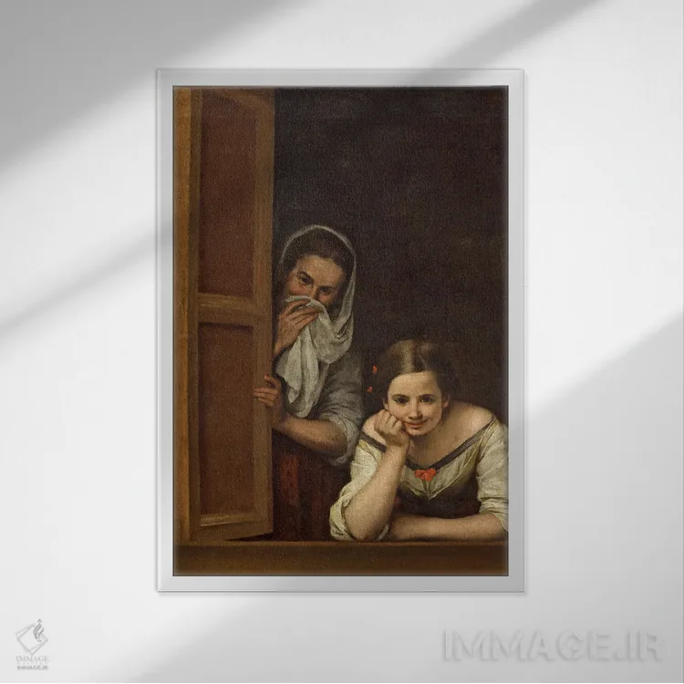 تابلو زنان گالیسیا کنار پنجره (اسپانیا) اثر بارتولومه استبان موریو (نقاش اسپانیایی) - نمای قابدار سفید