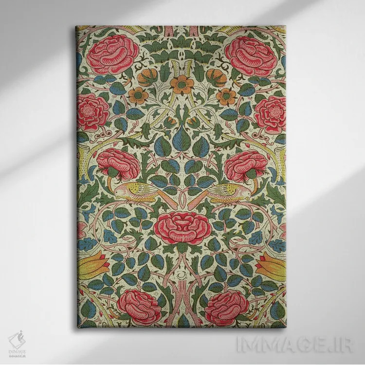 تابلو گل رز، ۱۸۸۳ اثر ویلیام موریس (طراح و هنرمند بریتانیایی) - نمای روبهرو روی دیوار
