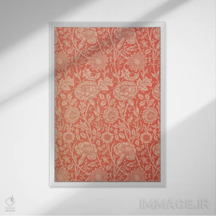 تابلو کاغذدیواری گل صورتی و رز، ۱۸۹۱ اثر ویلیام موریس (طراح و هنرمند بریتانیایی) - نمای قابدار سفید