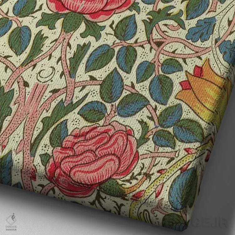 تابلو گل رز، ۱۸۸۳ اثر ویلیام موریس (طراح و هنرمند بریتانیایی) - نمای نزدیک بافت بوم