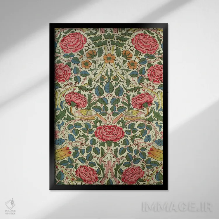 تابلو گل رز، ۱۸۸۳ اثر ویلیام موریس (طراح و هنرمند بریتانیایی) - نمای قابدار مشکی