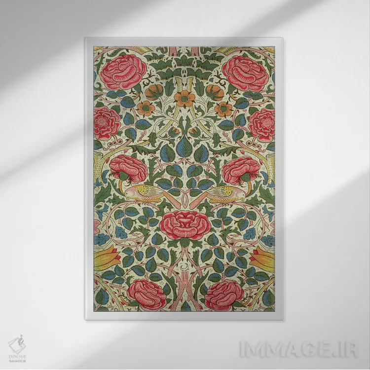 تابلو گل رز، ۱۸۸۳ اثر ویلیام موریس (طراح و هنرمند بریتانیایی) - نمای قابدار سفید