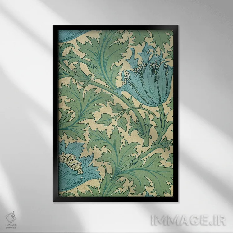 تابلو طرح شقایق دریایی اثر ویلیام موریس (طراح و هنرمند بریتانیایی) - نمای قابدار مشکی