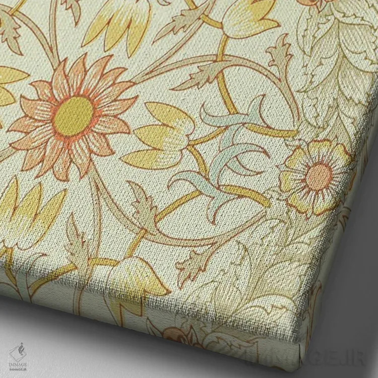 تابلو طرح گل لیلیوم احاطهشده با گل رز اثر ویلیام موریس (طراح و هنرمند بریتانیایی) - نمای نزدیک بافت بوم