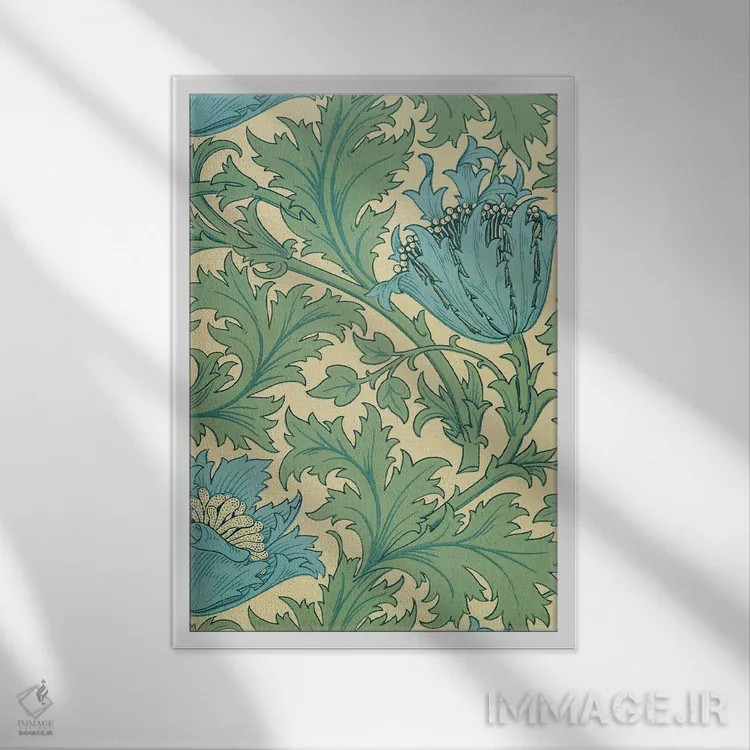 تابلو طرح شقایق دریایی اثر ویلیام موریس (طراح و هنرمند بریتانیایی) - نمای قابدار سفید