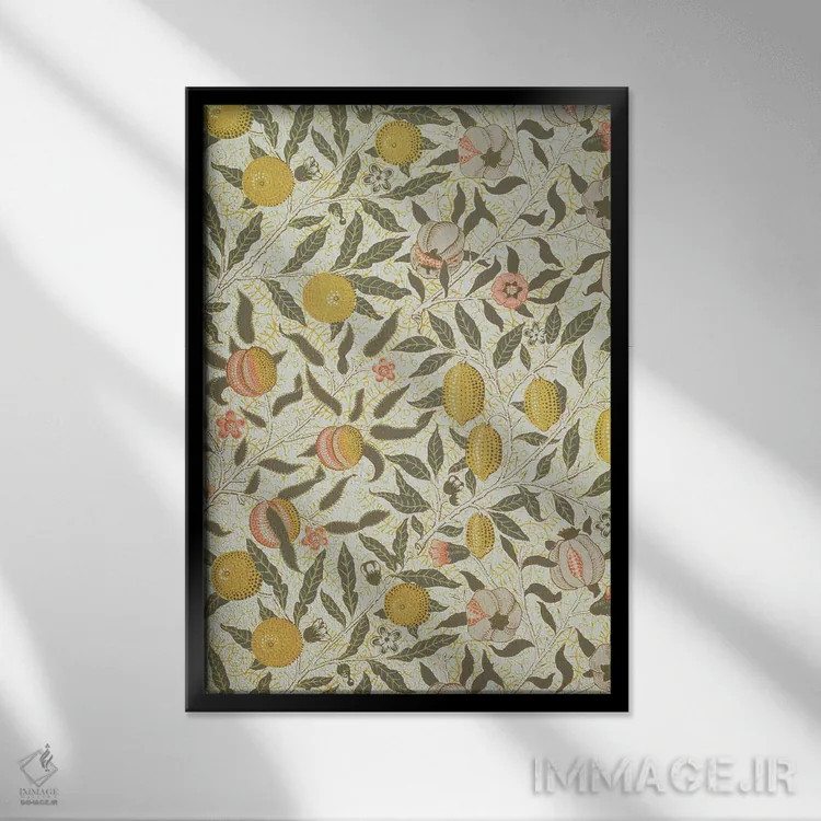 تابلو طرح کاغذدیواری انار اثر ویلیام موریس (طراح و هنرمند بریتانیایی) - نمای قابدار مشکی