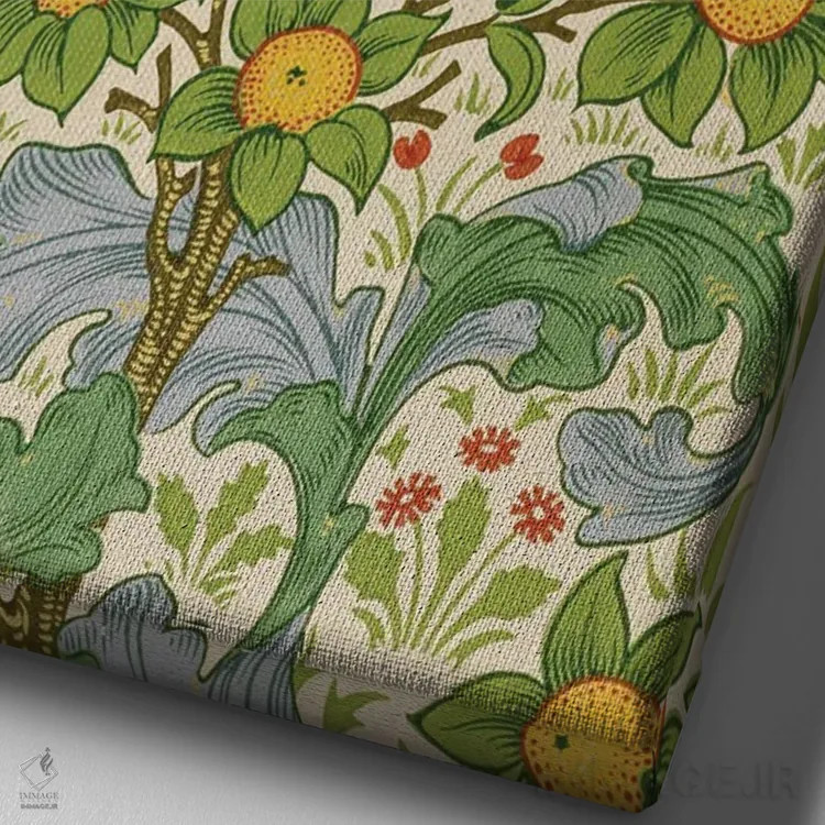 تابلو باغ میوه، ۱۸۹۹ اثر ویلیام موریس (طراح و هنرمند بریتانیایی) - نمای نزدیک بافت بوم