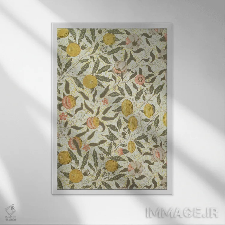 تابلو طرح کاغذدیواری انار اثر ویلیام موریس (طراح و هنرمند بریتانیایی) - نمای قابدار سفید
