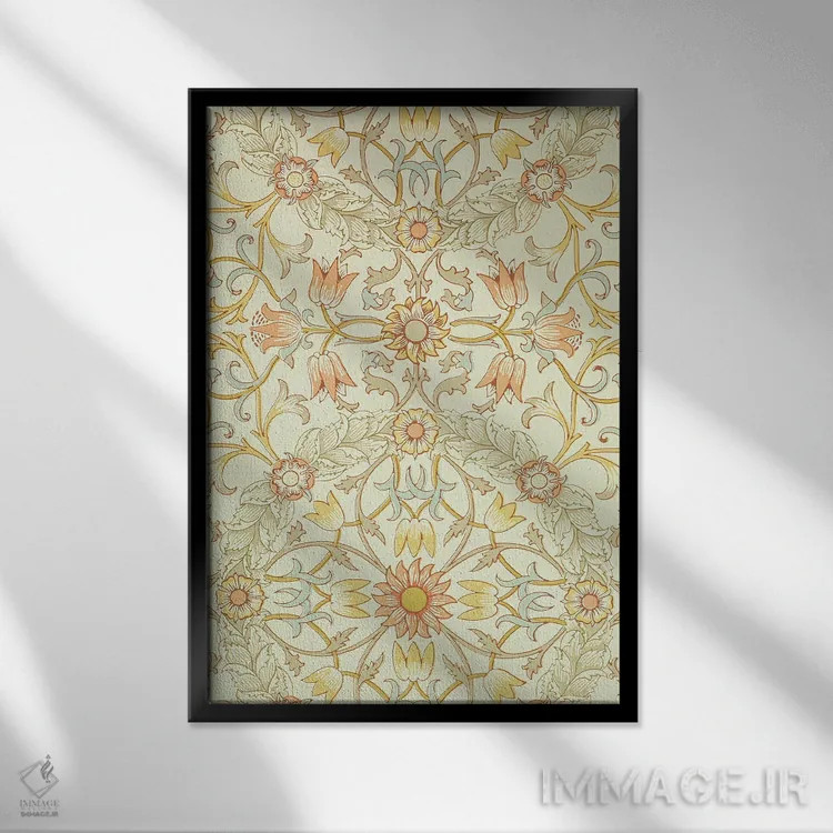 تابلو طرح گل لیلیوم احاطهشده با گل رز اثر ویلیام موریس (طراح و هنرمند بریتانیایی) - نمای قابدار مشکی