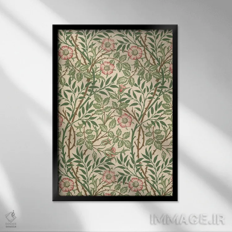 تابلو طرح کاغذدیواری نسترن وحشی اثر ویلیام موریس (طراح و هنرمند بریتانیایی) - نمای قابدار مشکی