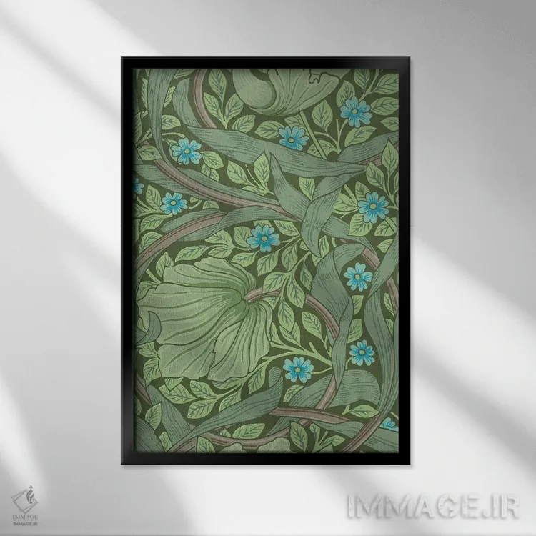 تابلو طرح کاغذدیواری گل فراموشم مکن اثر ویلیام موریس (طراح و هنرمند بریتانیایی) - نمای قابدار مشکی