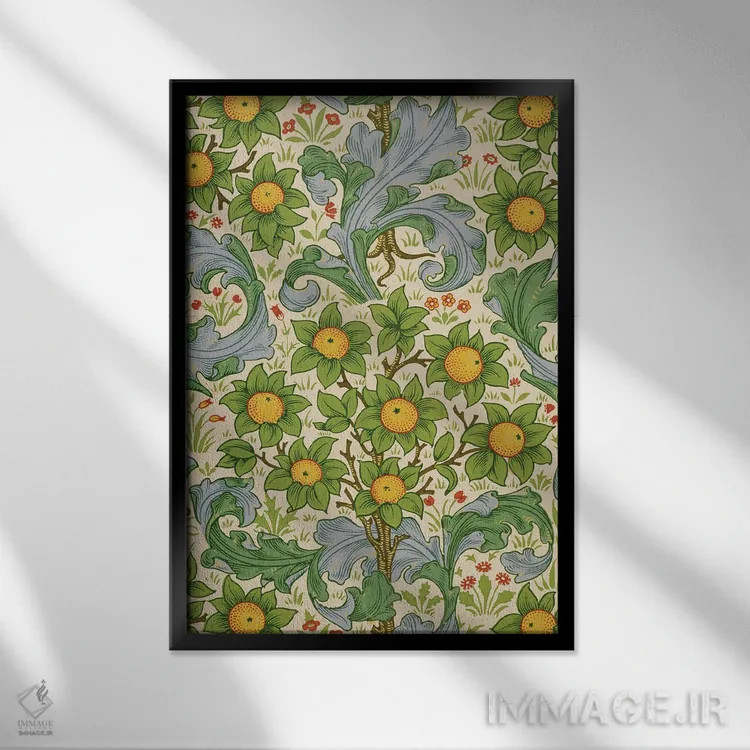 تابلو باغ میوه، ۱۸۹۹ اثر ویلیام موریس (طراح و هنرمند بریتانیایی) - نمای قابدار مشکی