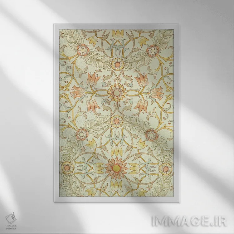 تابلو طرح گل لیلیوم احاطهشده با گل رز اثر ویلیام موریس (طراح و هنرمند بریتانیایی) - نمای قابدار سفید