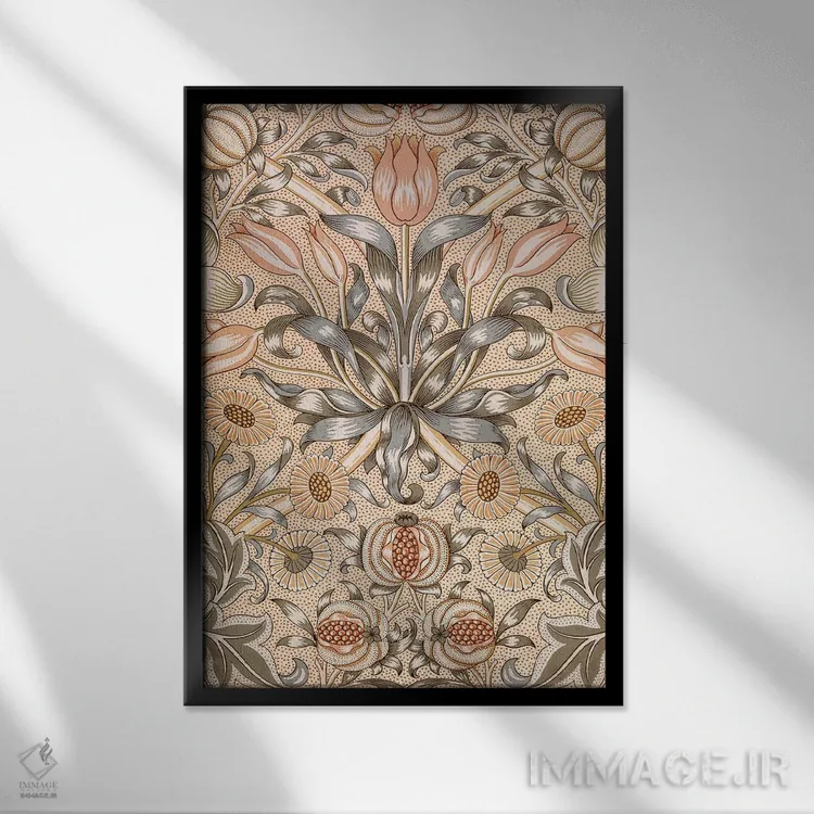 تابلو طرح کاغذدیواری سوسن و انار اثر ویلیام موریس (طراح و هنرمند بریتانیایی) - نمای قابدار مشکی