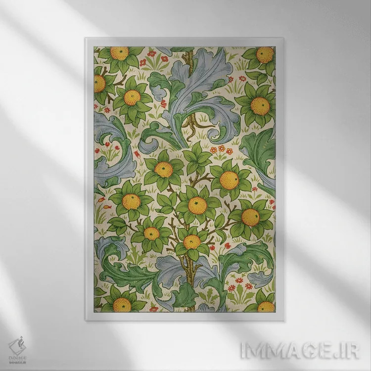 تابلو باغ میوه، ۱۸۹۹ اثر ویلیام موریس (طراح و هنرمند بریتانیایی) - نمای قابدار سفید
