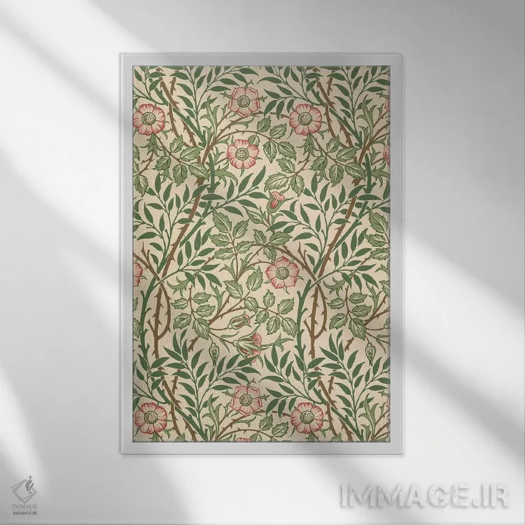 تابلو طرح کاغذدیواری نسترن وحشی اثر ویلیام موریس (طراح و هنرمند بریتانیایی) - نمای قابدار سفید