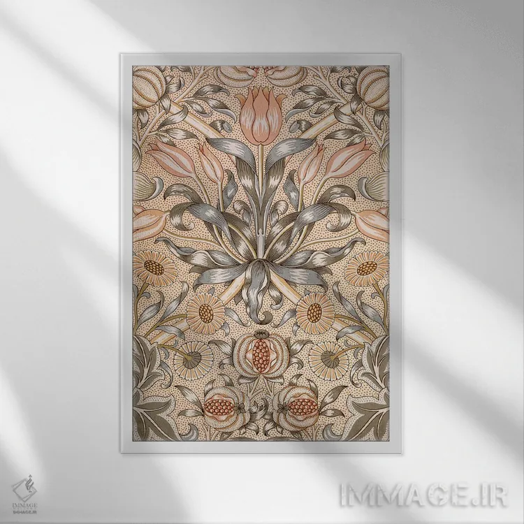 تابلو طرح کاغذدیواری سوسن و انار اثر ویلیام موریس (طراح و هنرمند بریتانیایی) - نمای قابدار سفید