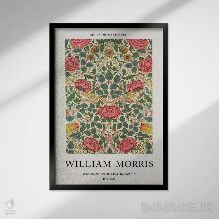 تابلو رز، ۱۸۸۳ اثر ویلیام موریس (طراح و هنرمند بریتانیایی) - نمای قابدار مشکی