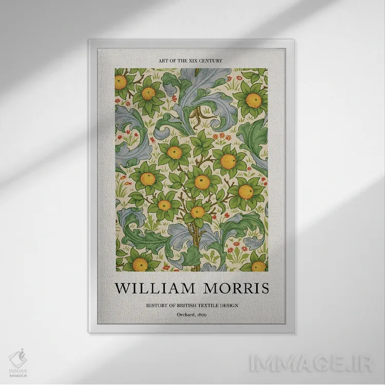 تابلو باغ میوه، ۱۸۹۹ اثر ویلیام موریس (طراح و هنرمند بریتانیایی) - نمای قابدار سفید