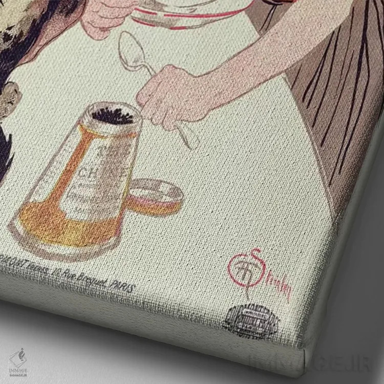 تابلو پوستر تبلیغاتی شرکت فرانسوی شکلات و چای، حدود ۱۸۹۸ اثر تئوفیل الکساندر استِنلن (نقاش گرافیست فرانسوی) - نمای نزدیک بافت بوم