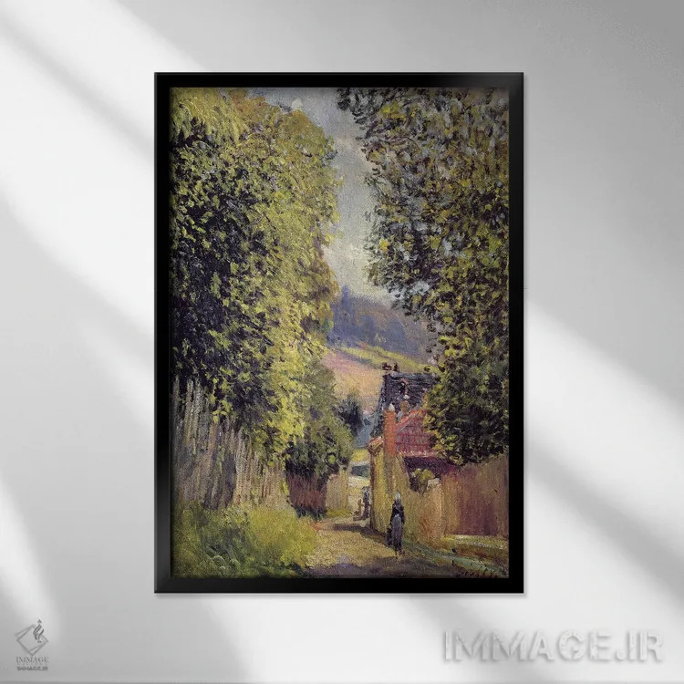 تابلو جادهای در لووسیِن، ۱۸۸۳ اثر آلفرد سیسلی (نقاش امپرسیونیست انگلیسی-فرانسوی) - نمای قابدار مشکی