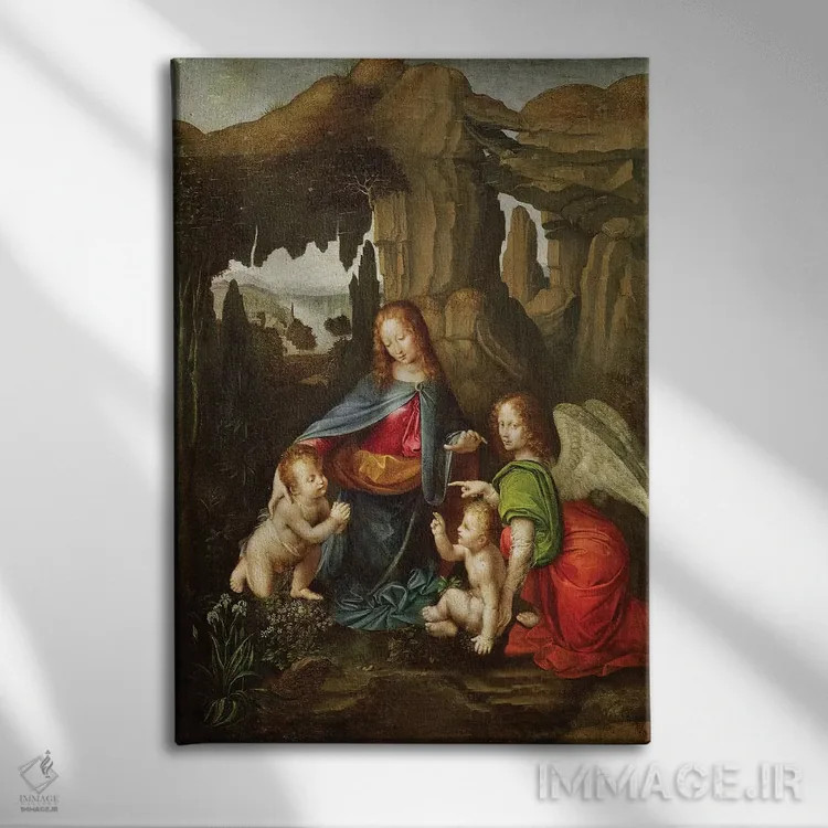 تابلو مدونا بر صخرهها (مسیح و مادر مقدس) اثر لئوناردو داوینچی (نقاش و مخترع ایتالیایی) - نمای روبهرو روی دیوار