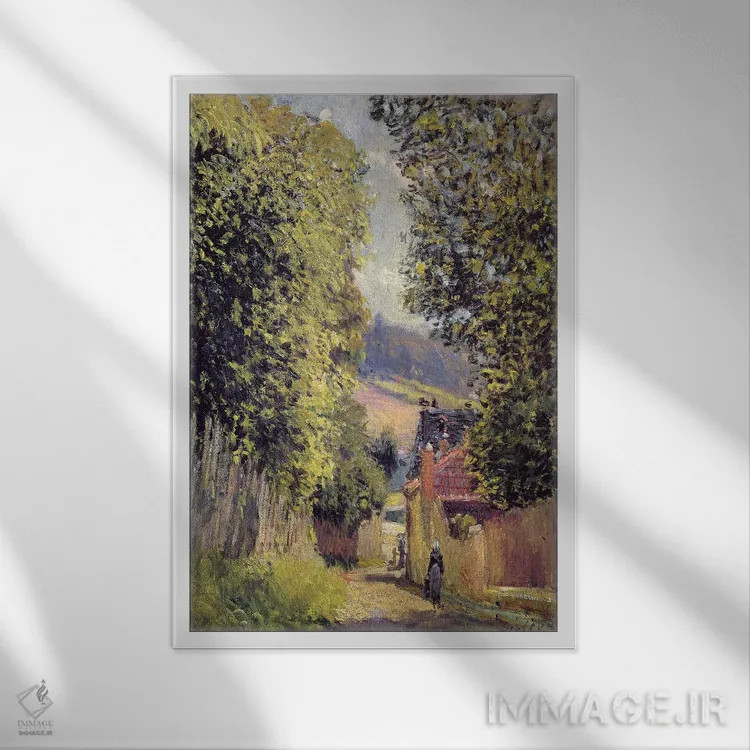 تابلو جادهای در لووسیِن، ۱۸۸۳ اثر آلفرد سیسلی (نقاش امپرسیونیست انگلیسی-فرانسوی) - نمای قابدار سفید