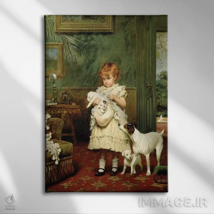 تابلو دختر به همراه سگها، ۱۸۹۳ اثر چارلز برتون باربر (نقاش بریتانیایی) - نمای روبهرو روی دیوار