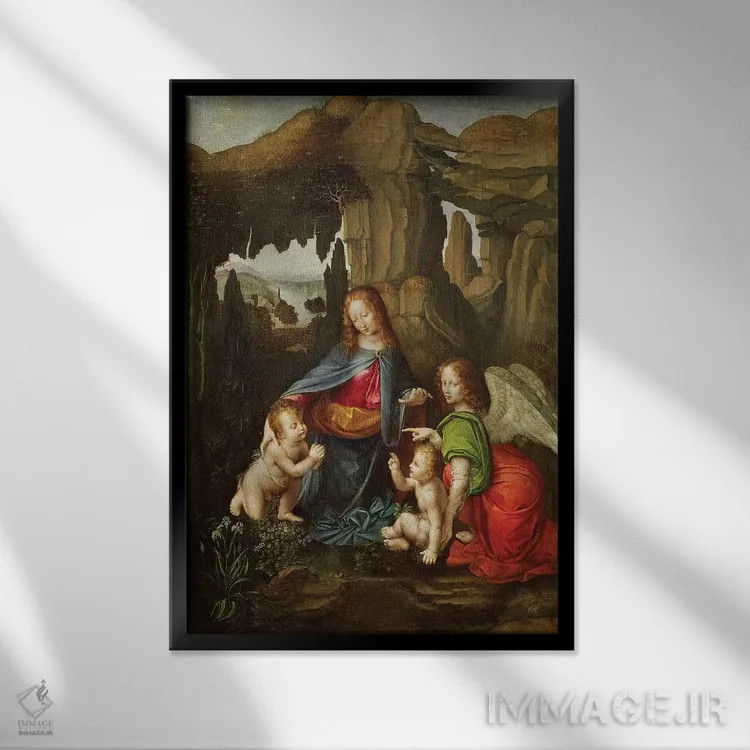 تابلو مدونا بر صخرهها (مسیح و مادر مقدس) اثر لئوناردو داوینچی (نقاش و مخترع ایتالیایی) - نمای قابدار مشکی