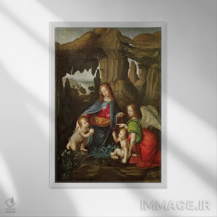 تابلو مدونا بر صخرهها (مسیح و مادر مقدس) اثر لئوناردو داوینچی (نقاش و مخترع ایتالیایی) - نمای قابدار سفید