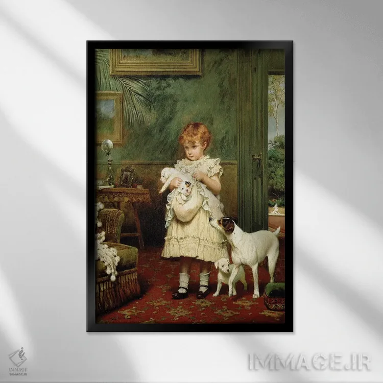 تابلو دختر به همراه سگها، ۱۸۹۳ اثر چارلز برتون باربر (نقاش بریتانیایی) - نمای قابدار مشکی