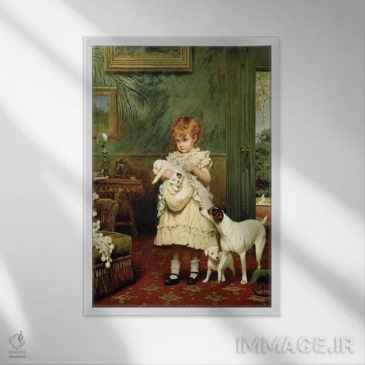 تابلو دختر به همراه سگها، ۱۸۹۳ اثر چارلز برتون باربر (نقاش بریتانیایی) - نمای قابدار سفید