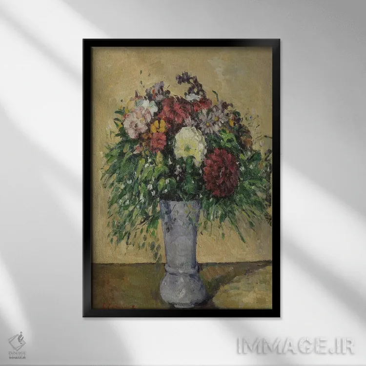 تابلو دستهگلی از گلها در گلدان، حدود ۱۸۷۷ اثر پل سزان - نمای قابدار مشکی
