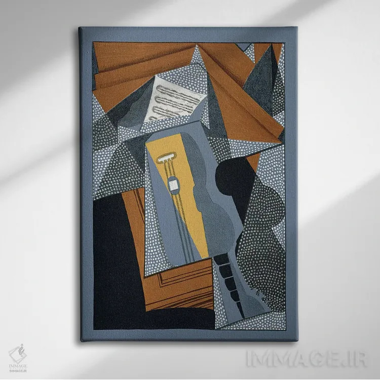 تابلو گیتار، تصویرگری شعری از پییر روِردی ('در آفتاب سقف') اثر خوان گрис (نقاش کوبیست اسپانیایی) - نمای روبهرو روی دیوار