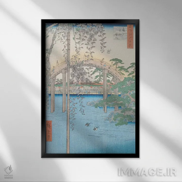 تابلو کامئیدو تنجین کِیدای (داخل معبد کامئیدو تنجین) (ژاپن) اثر اوتاگاوا هیروشگه (نقاش و چاپگر ژاپنی اوکییو-ئه) - نمای قابدار مشکی