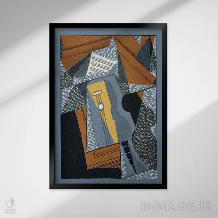 تابلو گیتار، تصویرگری شعری از پییر روِردی ('در آفتاب سقف') اثر خوان گрис (نقاش کوبیست اسپانیایی) - نمای قابدار مشکی