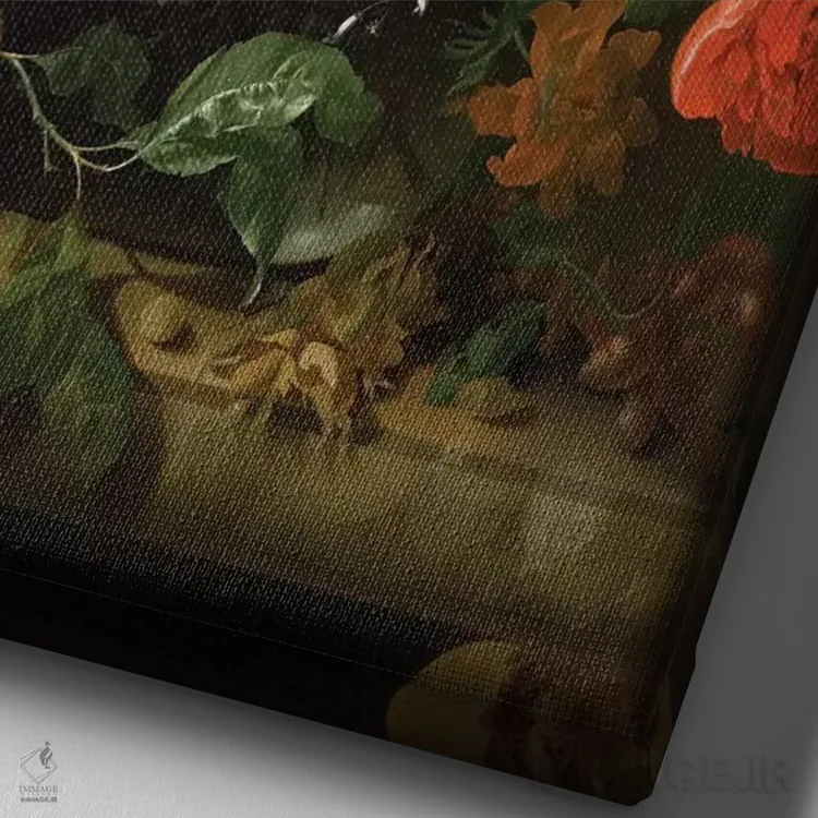 تابلو طبیعت بیجان با گلها اثر ریچل رویش - نمای نزدیک بافت بوم