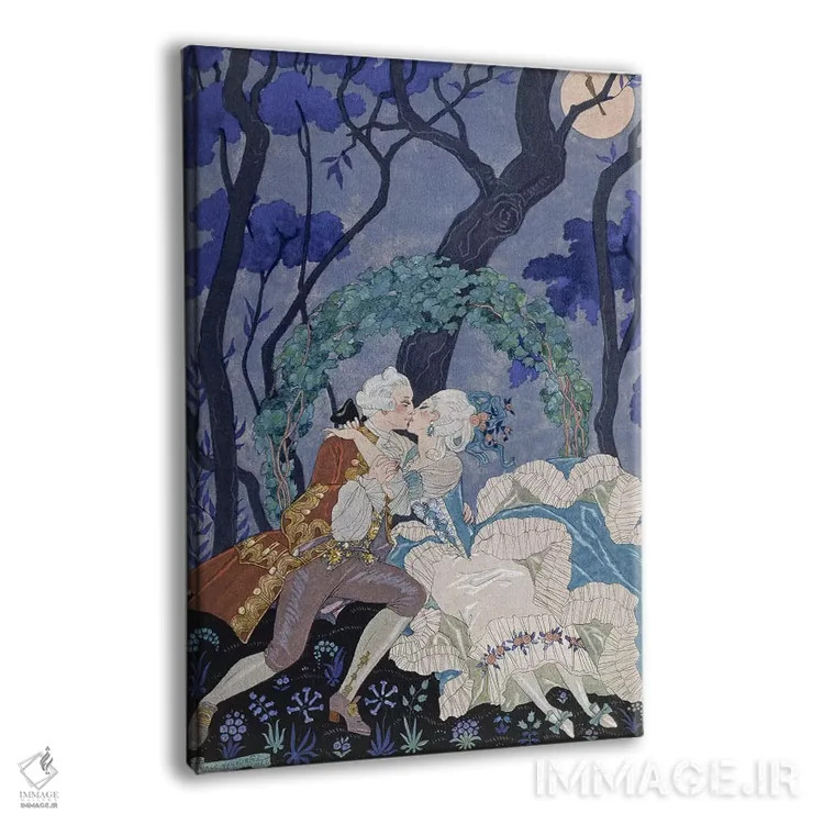 تابلو بوسهٔ پنهان، تصویرسازی برای "جشنهای عاشقانه" اثر پل ورلن اثر جورج باربیه (طراح و تصویرگر فرانسوی) - نمای پرسپکتیو محصول