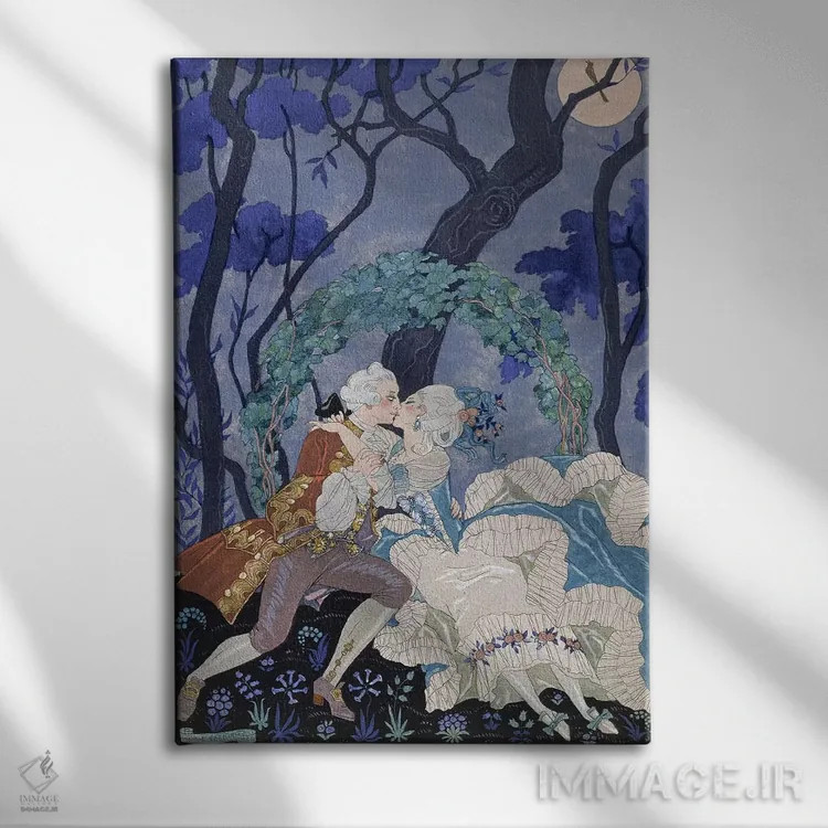 تابلو بوسهٔ پنهان، تصویرسازی برای "جشنهای عاشقانه" اثر پل ورلن اثر جورج باربیه (طراح و تصویرگر فرانسوی) - نمای روبهرو روی دیوار