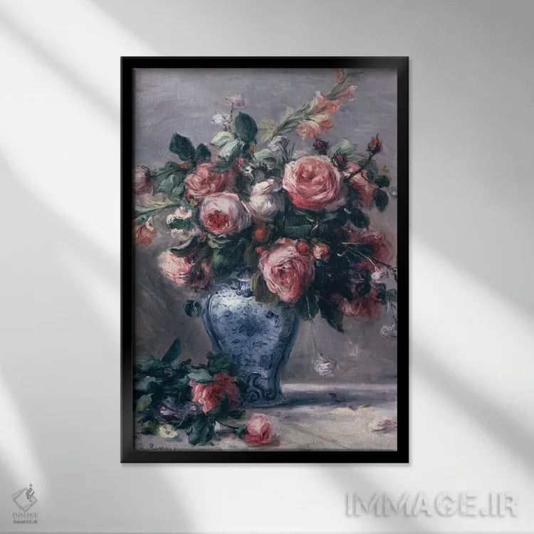 تابلو گلدان رزها اثر پیر-اوگوست رنوار - نمای قابدار مشکی