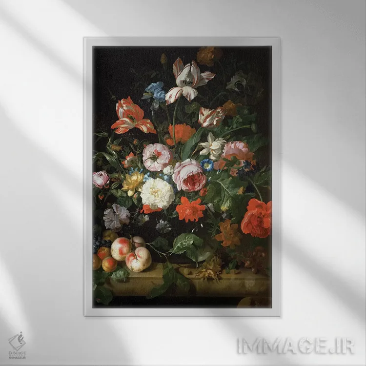 تابلو طبیعت بیجان با گلها اثر ریچل رویش - نمای قابدار سفید