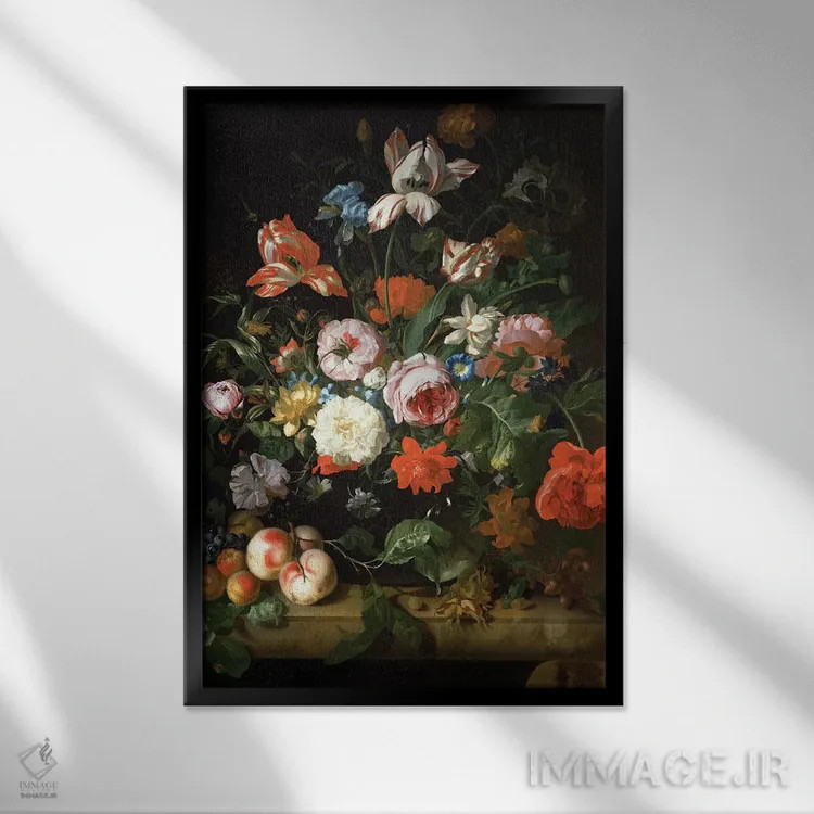 تابلو طبیعت بیجان با گلها اثر ریچل رویش - نمای قابدار مشکی