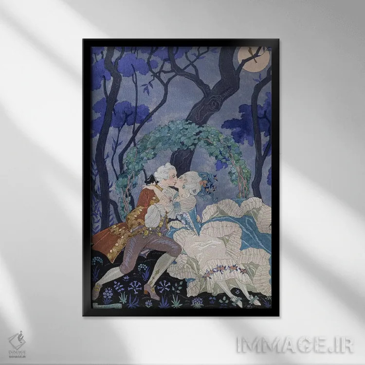 تابلو بوسهٔ پنهان، تصویرسازی برای "جشنهای عاشقانه" اثر پل ورلن اثر جورج باربیه (طراح و تصویرگر فرانسوی) - نمای قابدار مشکی