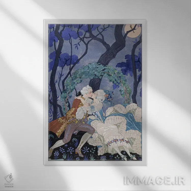 تابلو بوسهٔ پنهان، تصویرسازی برای "جشنهای عاشقانه" اثر پل ورلن اثر جورج باربیه (طراح و تصویرگر فرانسوی) - نمای قابدار سفید