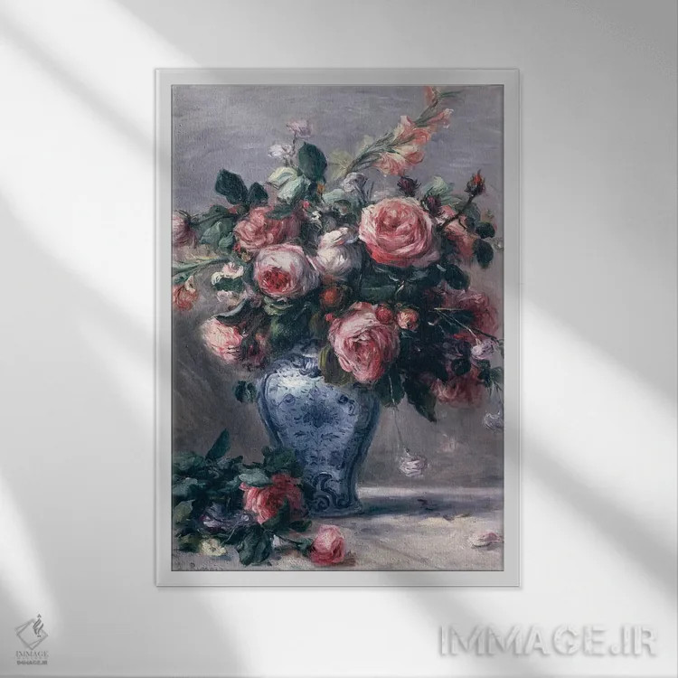 تابلو گلدان رزها اثر پیر-اوگوست رنوار - نمای قابدار سفید
