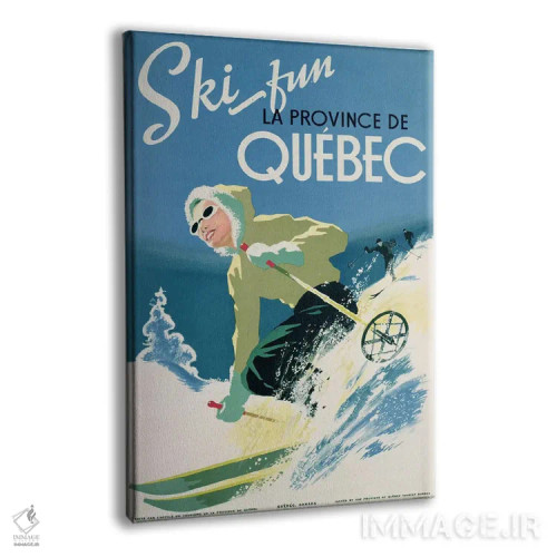 تابلو پوستر تبلیغاتی تعطیلات اسکی در استان کبک، حدود ۱۹۳۸ اثر مکتب کانادایی (سبک یا گروه هنرمندان کانادایی) - نمای پرسپکتیو محصول
