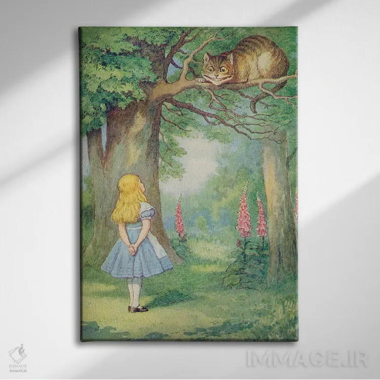 تابلو آلیس و گربه چشایر، تصویرسازی از "آلیس در سرزمین عجایب" نوشتهٔ لوئیس کارول اثر جان تنیل (تصویرگر آلیس در سرزمین عجایب) - نمای روبهرو روی دیوار