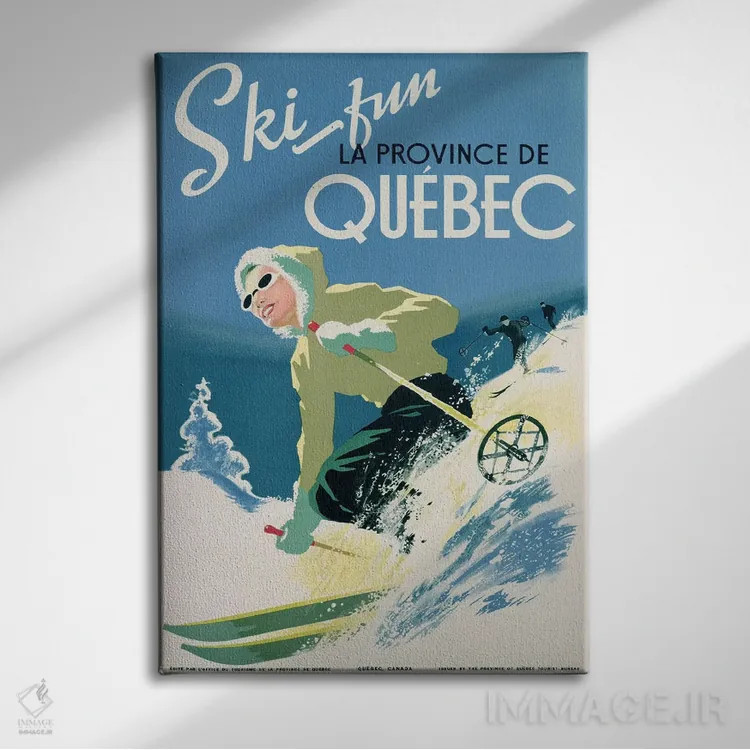 تابلو پوستر تبلیغاتی تعطیلات اسکی در استان کبک، حدود ۱۹۳۸ اثر مکتب کانادایی (سبک یا گروه هنرمندان کانادایی) - نمای روبهرو روی دیوار